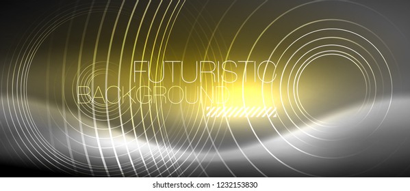 Neon circles abstract background, shiny lines, vector techno design
