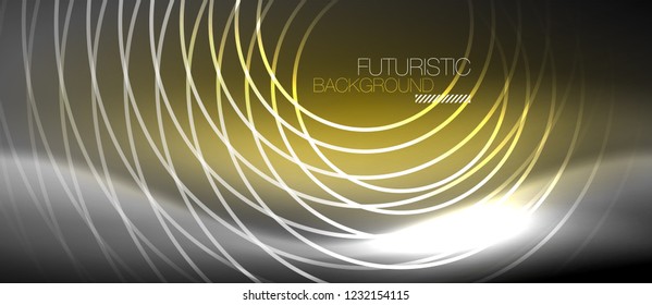 Neon circles abstract background, shiny lines, vector techno design