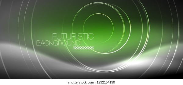 Neon circles abstract background, shiny lines, vector techno design