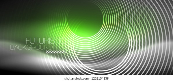 Neon circles abstract background, shiny lines, vector techno design