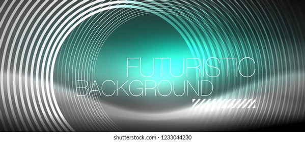 Neon circles abstract background, shiny lines, vector techno design