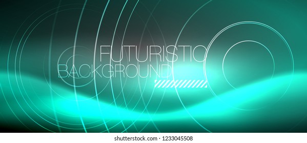 Neon circles abstract background, shiny lines, vector techno design