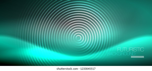 Neon circles abstract background, shiny lines, vector techno design