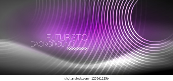 Neon circles abstract background, shiny lines, vector techno design