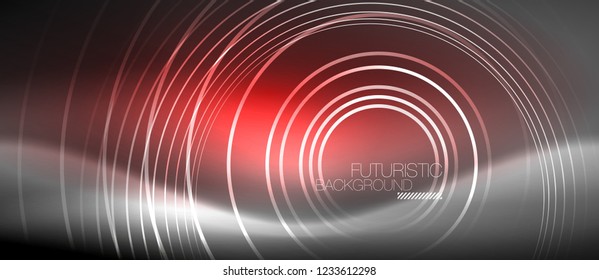Neon circles abstract background, shiny lines, vector techno design