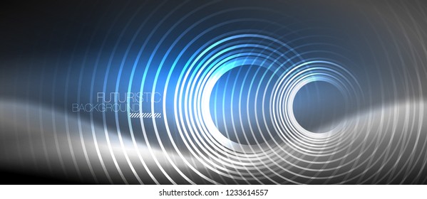 Neon circles abstract background, shiny lines, vector techno design