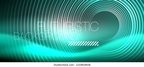 Neon circles abstract background, shiny lines, vector techno design