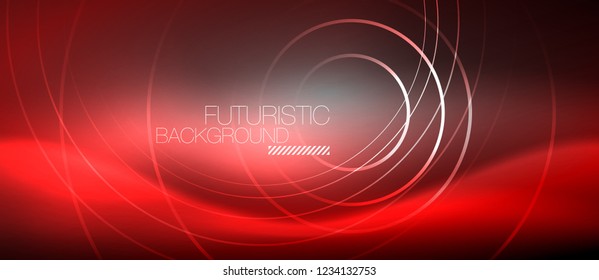 Neon circles abstract background, shiny lines, vector techno design