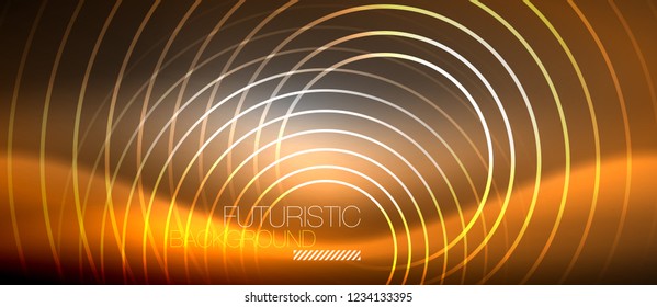 Neon circles abstract background, shiny lines, vector techno design