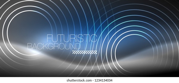 Neon circles abstract background, shiny lines, vector techno design