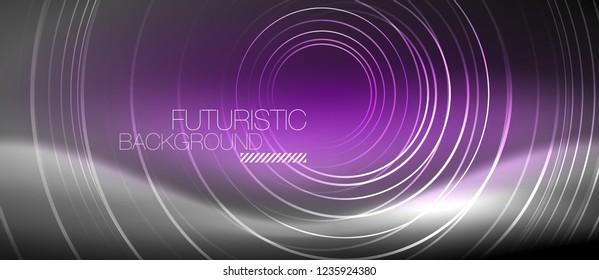 Neon circles abstract background, shiny lines, vector techno design