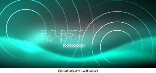 Neon circles abstract background, shiny lines, vector techno design