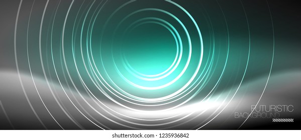 Neon circles abstract background, shiny lines, vector techno design