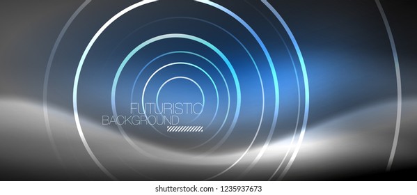 Neon circles abstract background, shiny lines, vector techno design