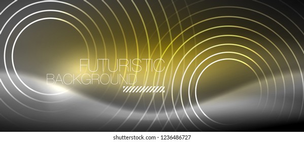 Neon circles abstract background, shiny lines, vector techno design