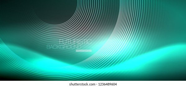 Neon circles abstract background, shiny lines, vector techno design