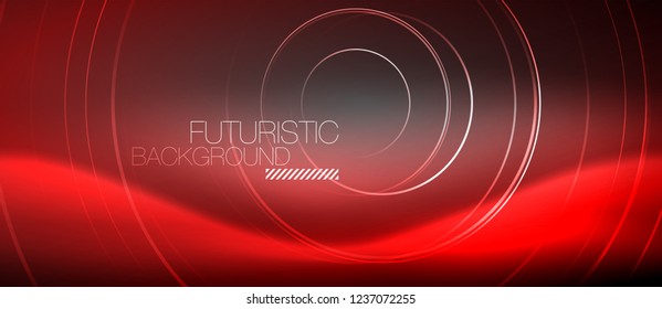 Neon circles abstract background, shiny lines, vector techno design