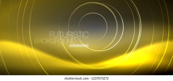 Neon circles abstract background, shiny lines, vector techno design