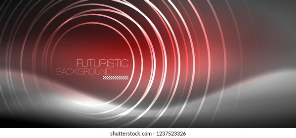 Neon circles abstract background, shiny lines, vector techno design