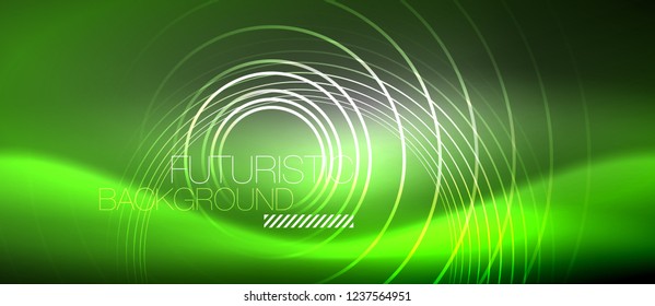 Neon circles abstract background, shiny lines, vector techno design