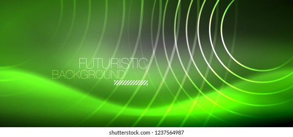 Neon circles abstract background, shiny lines, vector techno design