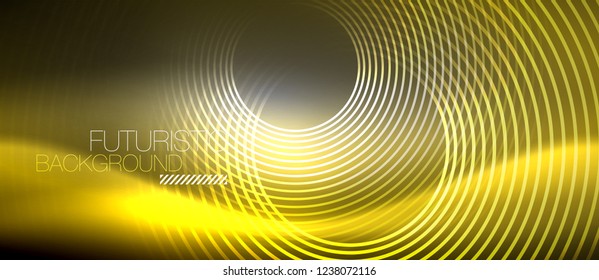 Neon circles abstract background, shiny lines, vector techno design