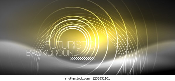 Neon circles abstract background, shiny lines, vector techno design