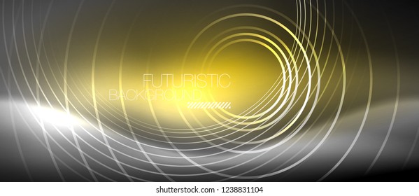 Neon circles abstract background, shiny lines, vector techno design