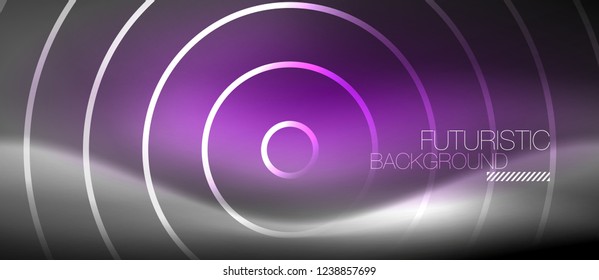 Neon circles abstract background, shiny lines, vector techno design