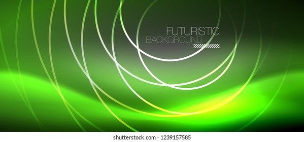 Neon circles abstract background, shiny lines, vector techno design