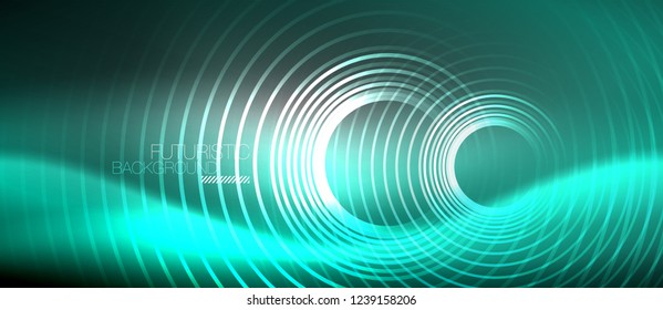 Neon circles abstract background, shiny lines, vector techno design