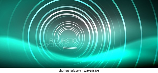 Neon circles abstract background, shiny lines, vector techno design