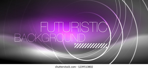 Neon circles abstract background, shiny lines, vector techno design