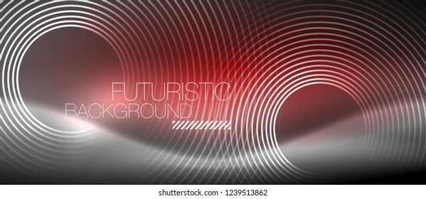 Neon circles abstract background, shiny lines, vector techno design