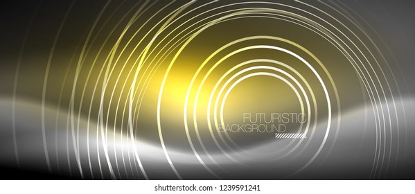 Neon circles abstract background, shiny lines, vector techno design
