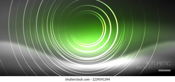 Neon circles abstract background, shiny lines, vector techno design