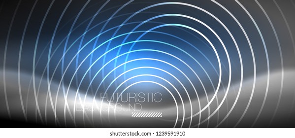 Neon circles abstract background, shiny lines, vector techno design