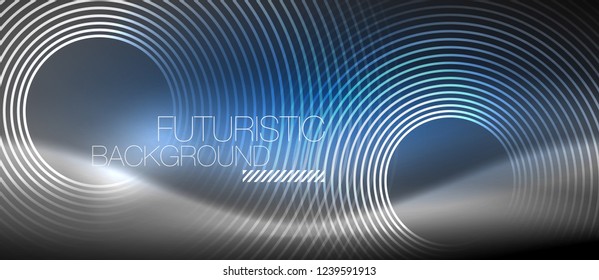 Neon circles abstract background, shiny lines, vector techno design