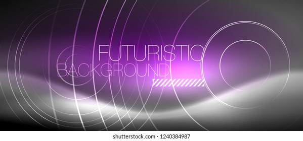 Neon circles abstract background, shiny lines, vector techno design