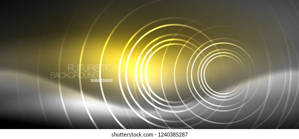 Neon circles abstract background, shiny lines, vector techno design
