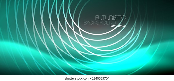 Neon circles abstract background, shiny lines, vector techno design
