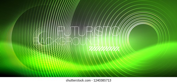Neon circles abstract background, shiny lines, vector techno design