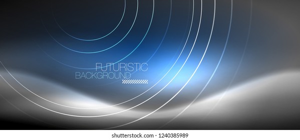 Neon circles abstract background, shiny lines, vector techno design