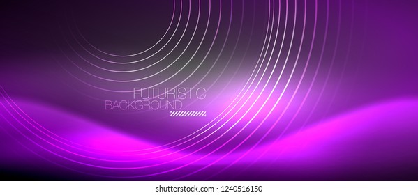 Neon circles abstract background, shiny lines, vector techno design