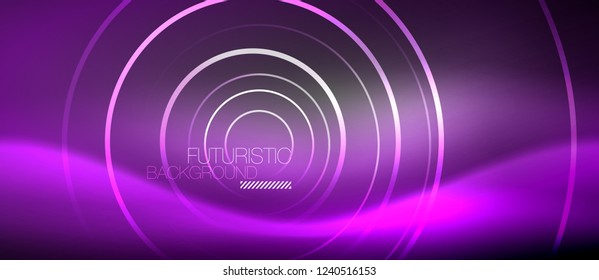 Neon circles abstract background, shiny lines, vector techno design
