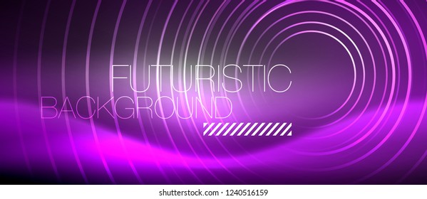 Neon circles abstract background, shiny lines, vector techno design