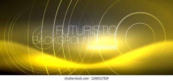 Neon circles abstract background, shiny lines, vector techno design