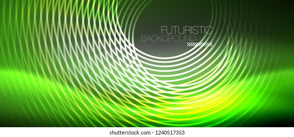 Neon circles abstract background, shiny lines, vector techno design