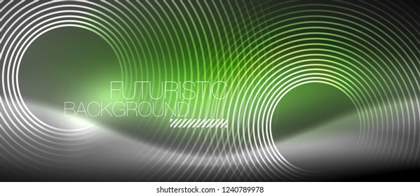 Neon circles abstract background, shiny lines, vector techno design
