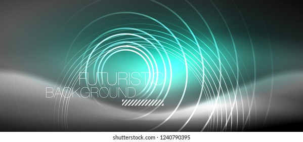 Neon circles abstract background, shiny lines, vector techno design